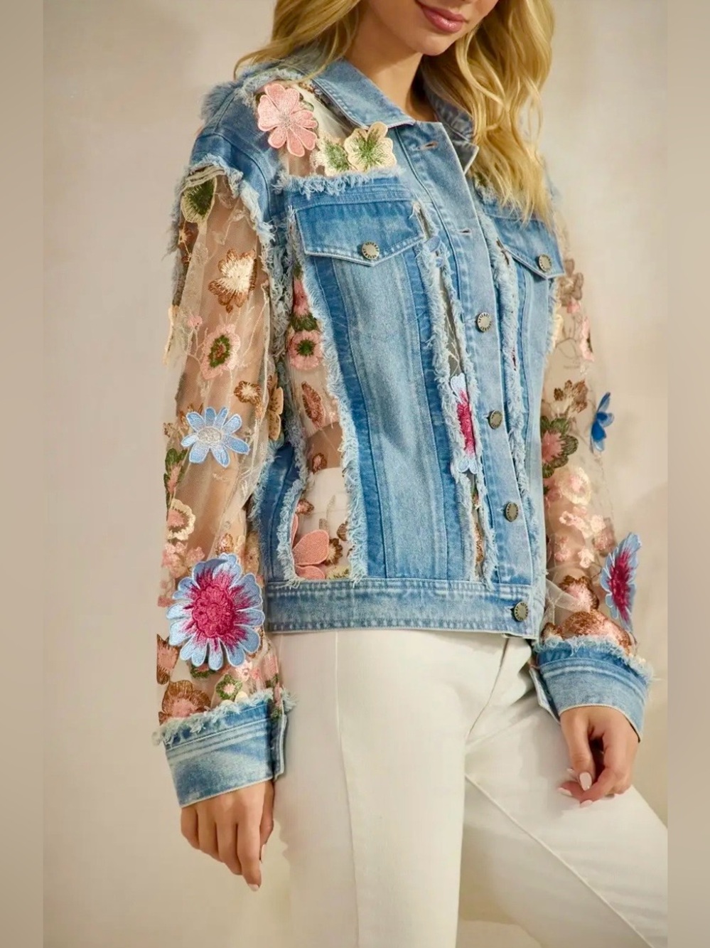 Denim Jacket with Floral Organza Inset